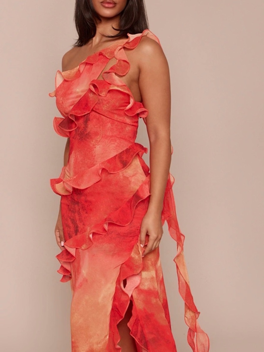 PrettyLittleThing Coral-Orange Ruffle One-Shoulder Dress